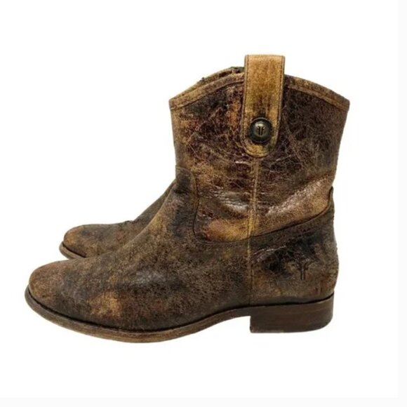 Frye Melissa Button Distressed Leather Glazed Short Zipper Boots - Size 7.5 - Picture 2 of 10